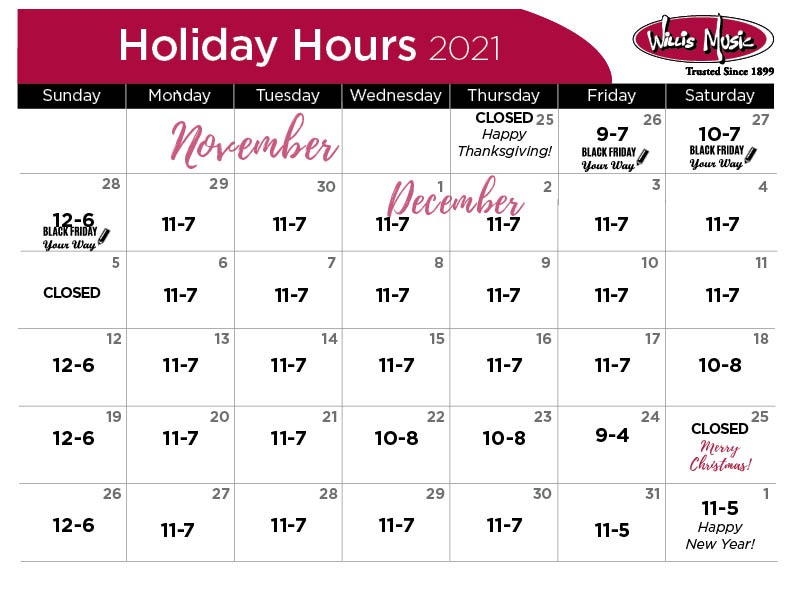 Holiday Hours Calendar 2021