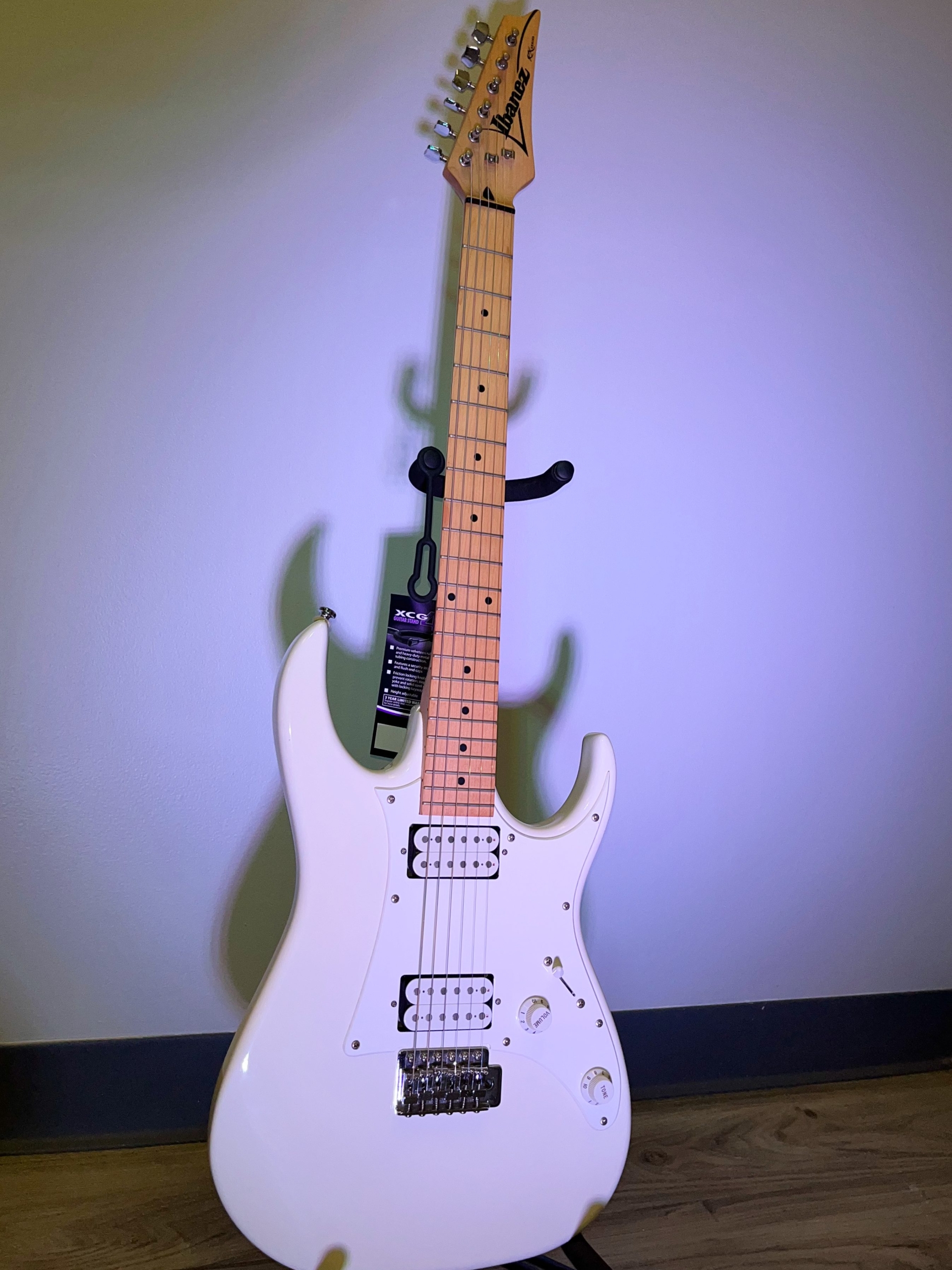 White Ibanez RX20 Guitar with White Pickguard on a stand