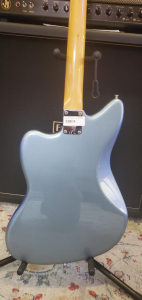 Used Fender Ventera Jazzmaster Ice Blue Metallic closeup of back of guitar