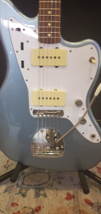 Used Fender Ventera Jazzmaster Ice Blue Metallic close up of front of body
