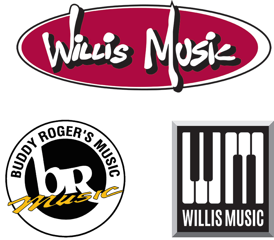 Willis Music, Buddy Roger's Music, and Willis Music Piano logos in one image.